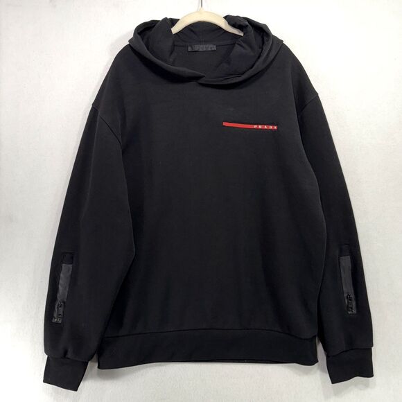 Prada Hoodie Men 2XL Black Linea Rossa Logo Zip Sleeve Technical Streetwear - Picture 1 of 12
